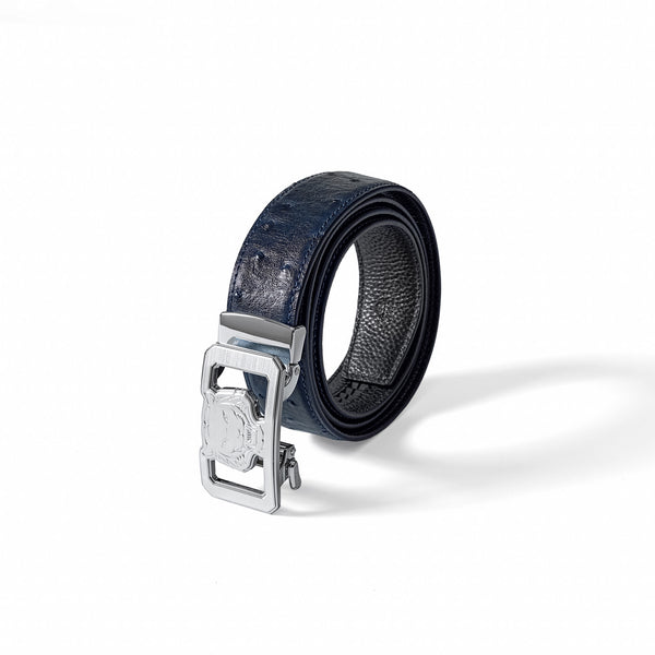 BLT043 - Ostrich-Embossed Leather Lion Auto BKL Belt – Silv-SILVER/NAVY