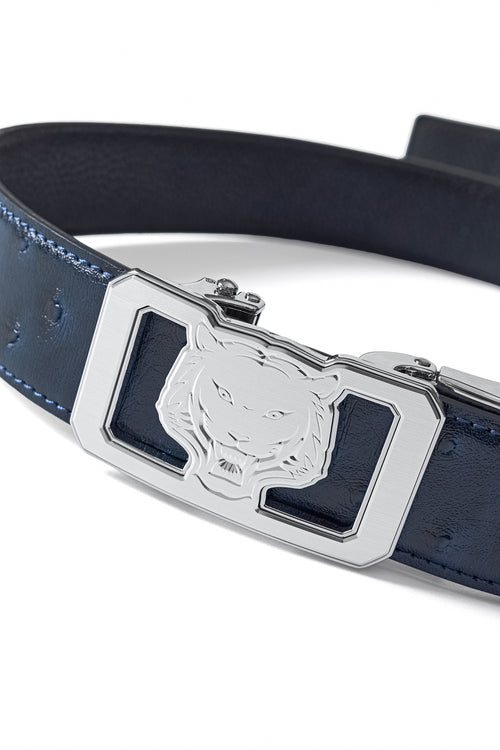BLT043 - Ostrich-Embossed Leather Lion Auto BKL Belt – Silv-SILVER/NAVY – view 1