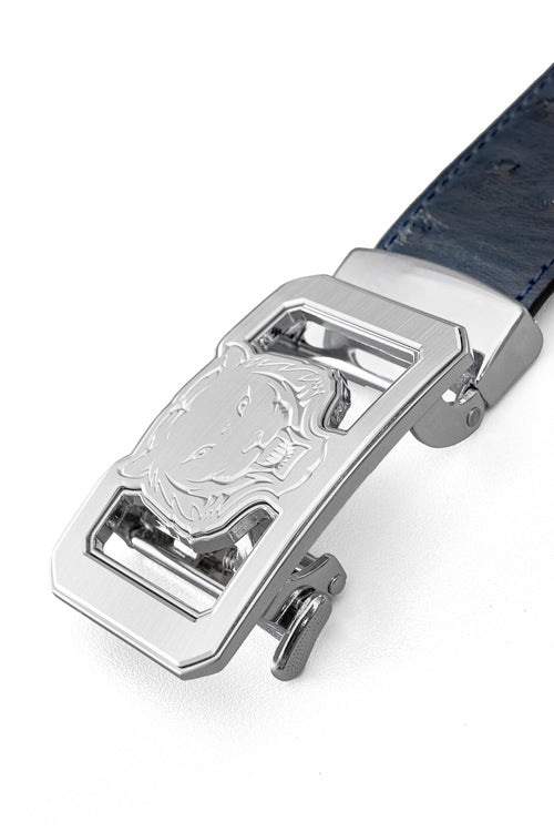 BLT043 - Ostrich-Embossed Leather Lion Auto BKL Belt – Silv-SILVER/NAVY – view 2