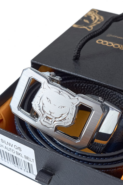 BLT043 - Ostrich-Embossed Leather Lion Auto BKL Belt – Silv-SILVER/NAVY – view 5