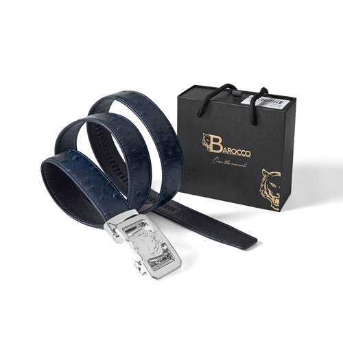 BLT043 - Ostrich-Embossed Leather Lion Auto BKL Belt – Silv-SILVER/NAVY – view 6
