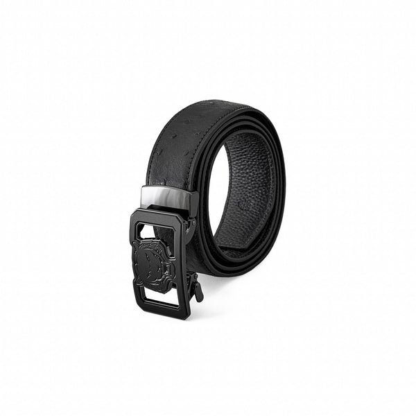 BLT047 - Ostrich-Emb Leather Lion Auto BKL Belt – Gunmetal-GUN/BLACK