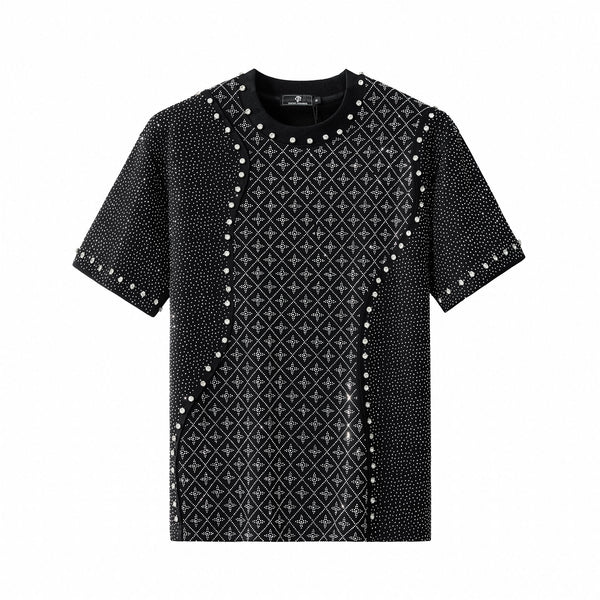 CJS431-Radiant Grid Stone Short set – Century Penthouse-BLACK/SILVER