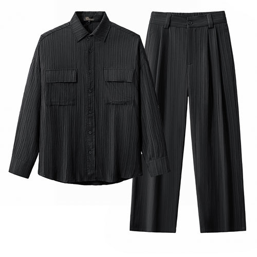 Conjunto de camisa y pantalón con textura arrugada - NEGRO