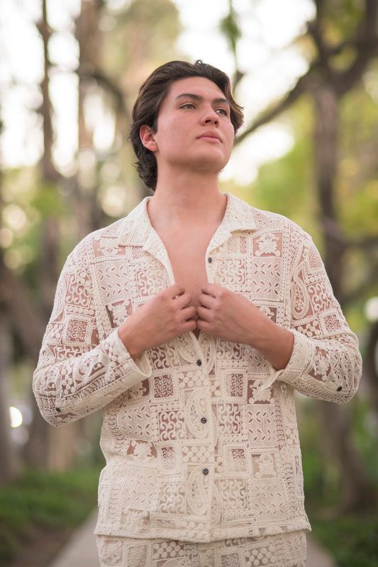 Men’s Textured Embroidered Two-Piece Set