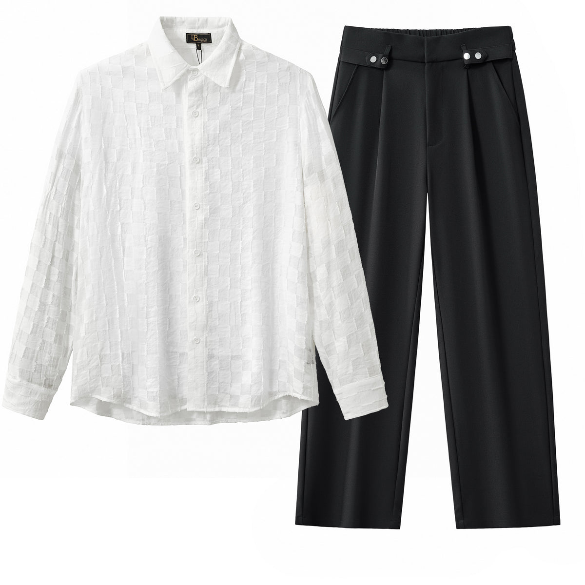 Haven Textured Long Sleeve Shirt + Kingsley Side-Tab Trousers SET - WHITE/BLACK