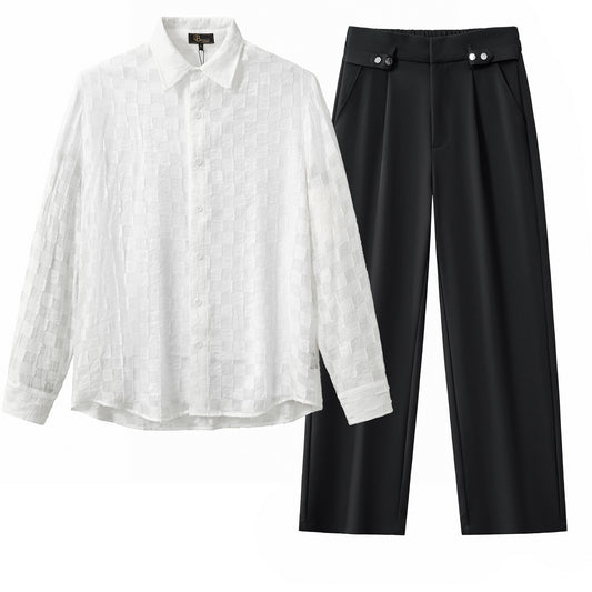 Haven Textured Long Sleeve Shirt + Kingsley Side-Tab Trousers SET - WHITE/BLACK
