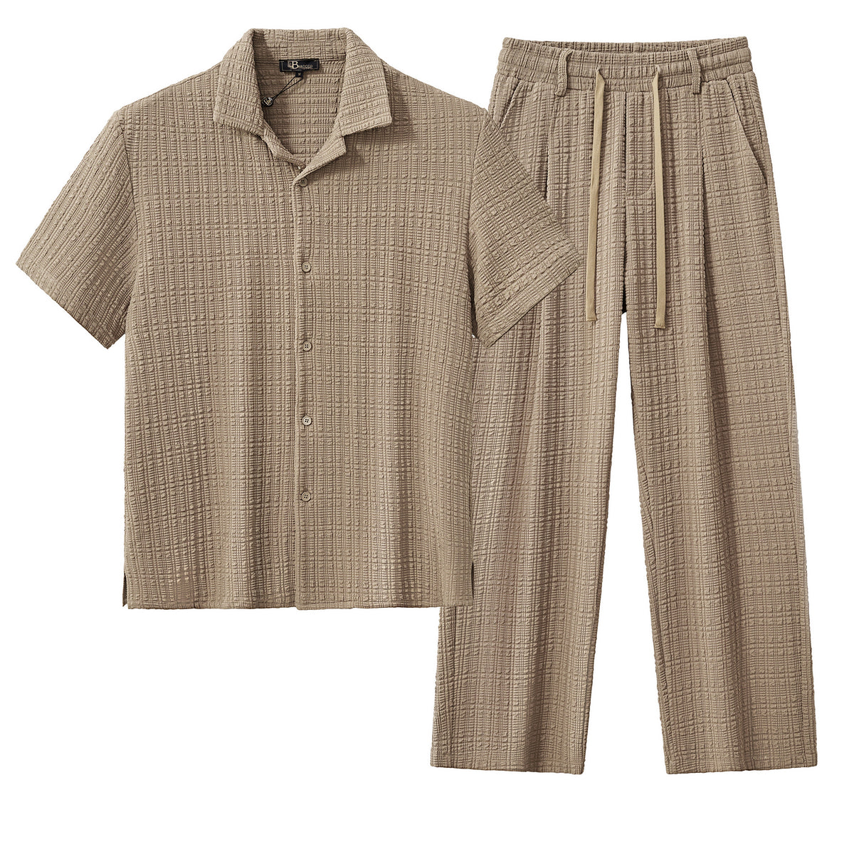 SET811 - Loft Set – Textured Short Sleeve Shirt & Pant-BROWN