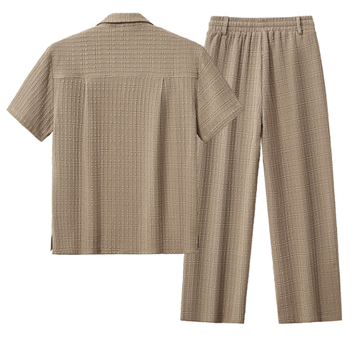 SET811 - Loft Set – Textured Short Sleeve Shirt & Pant-BROWN