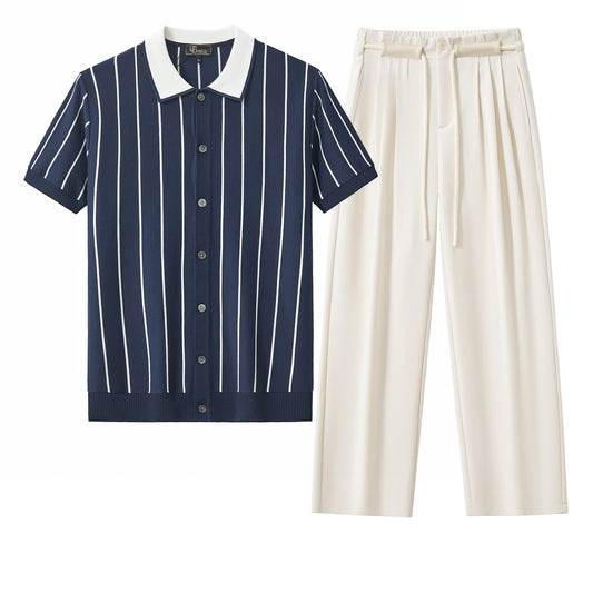 ModStripe Knit Shirt + Belmont Pleated Trousers - NAVY/WHITE/TAUPE