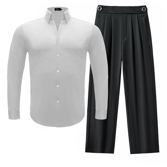 Noir Essence Long Sleeve Shirt + Wellington Side-Tab Trousers SET - WHITE/BLACK