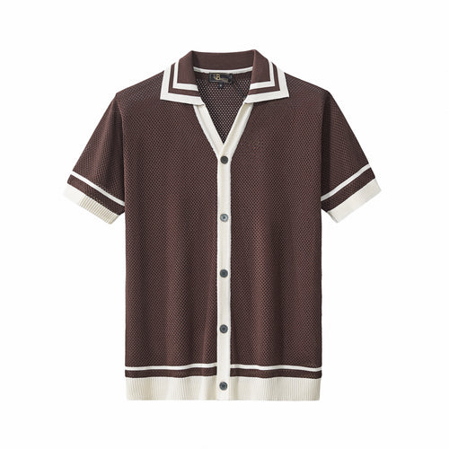 Camisa de malla con ribete en contraste y botones - CAFÉ
