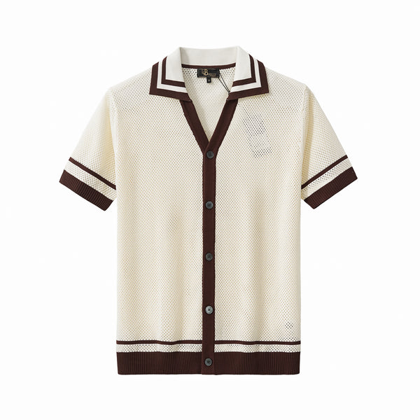 Camisa de malla con ribete en contraste y botones - MARFIL