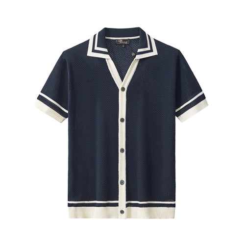 Camisa de malla con ribete en contraste y botones - AZUL MARINO