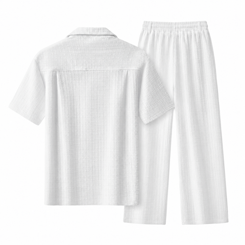 SET811-Loft Set – Textured Short Sleeve Shirt & Pant-SNOW WHITE – view 1