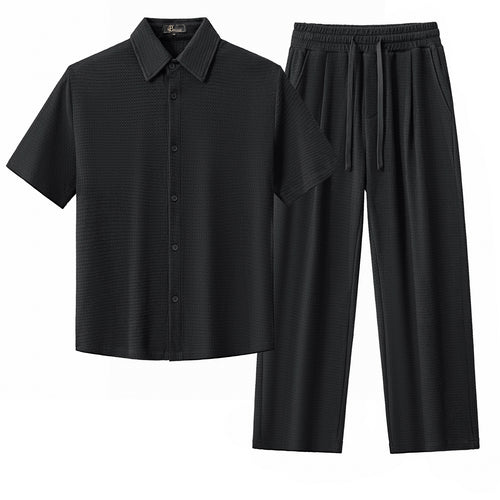 Conjunto Vista: Camisa y pantalón con textura gofrada - NEGRO