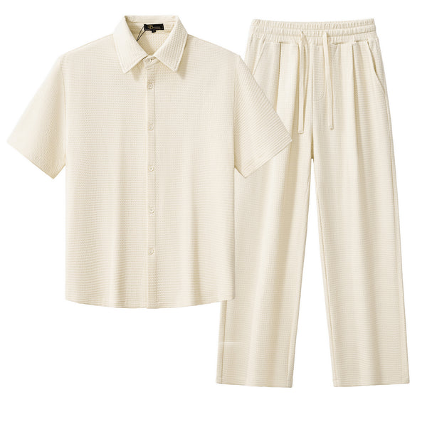 Conjunto Vista: Camisa y pantalón con textura de gofre - Gris topo