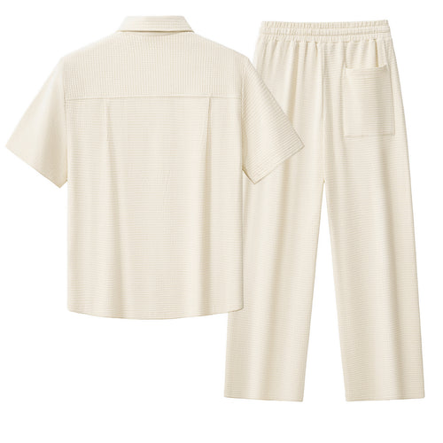 Conjunto Vista: Camisa y pantalón con textura de gofre - Gris topo