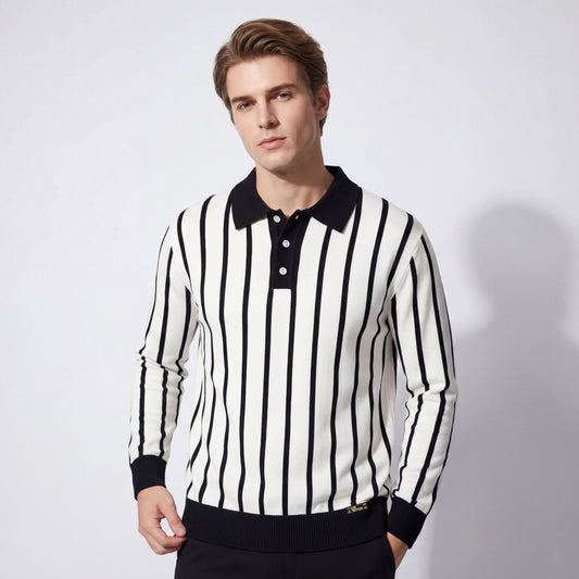 Imperial Stripe Knit Polo LS-WHITE