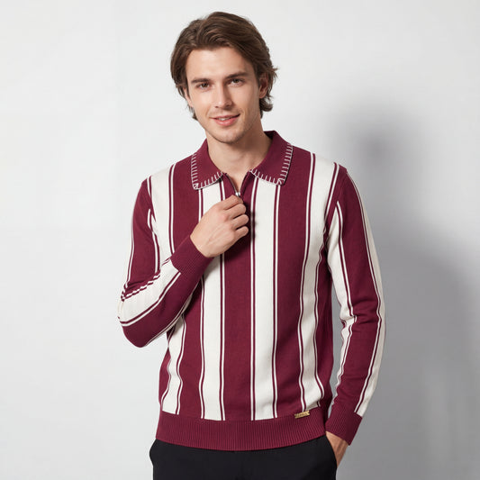 Vanguard Stripe Knit Polo LS-WINE